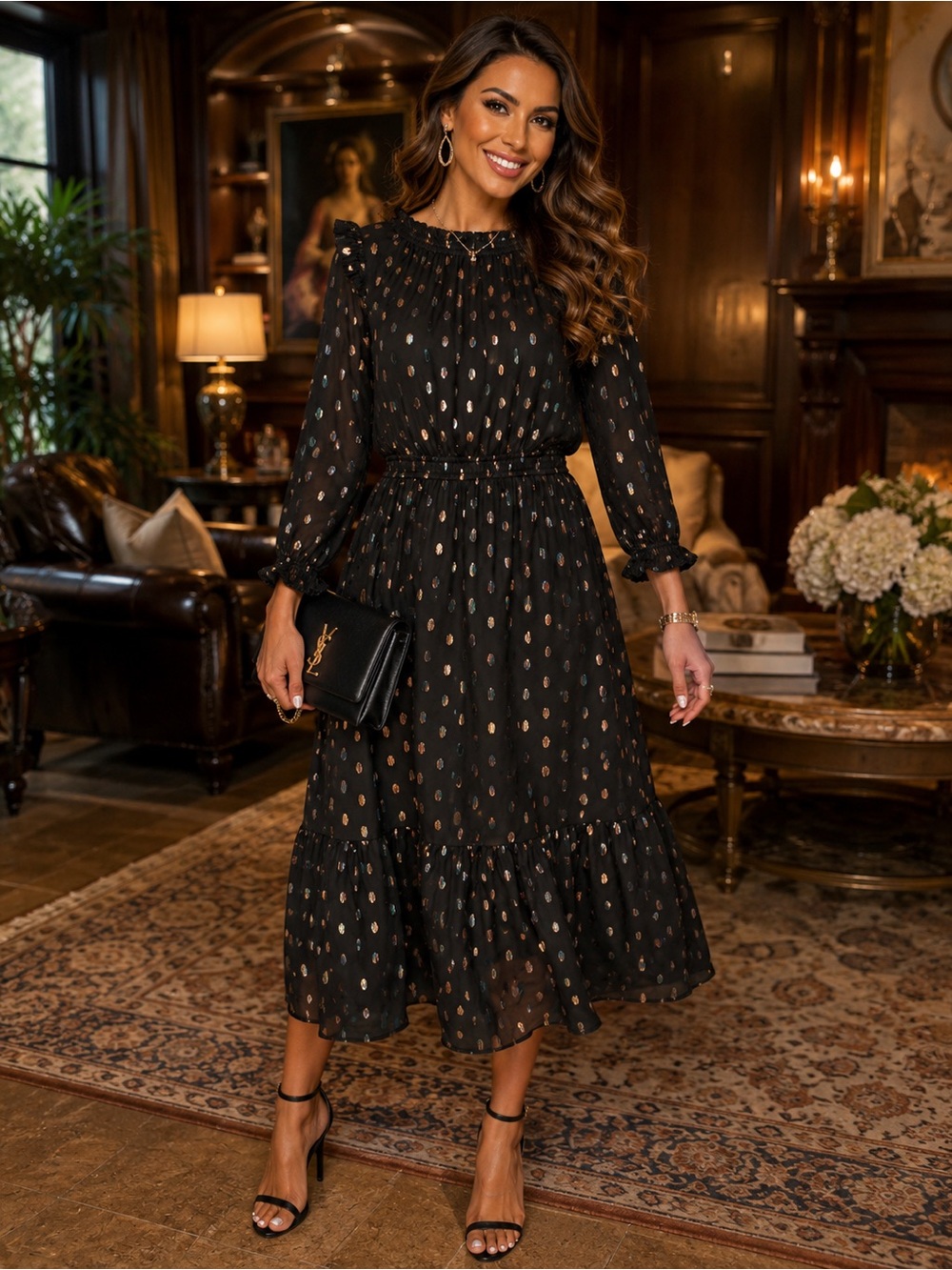 LOFT Black Midi Dress with Gold Dot Accents